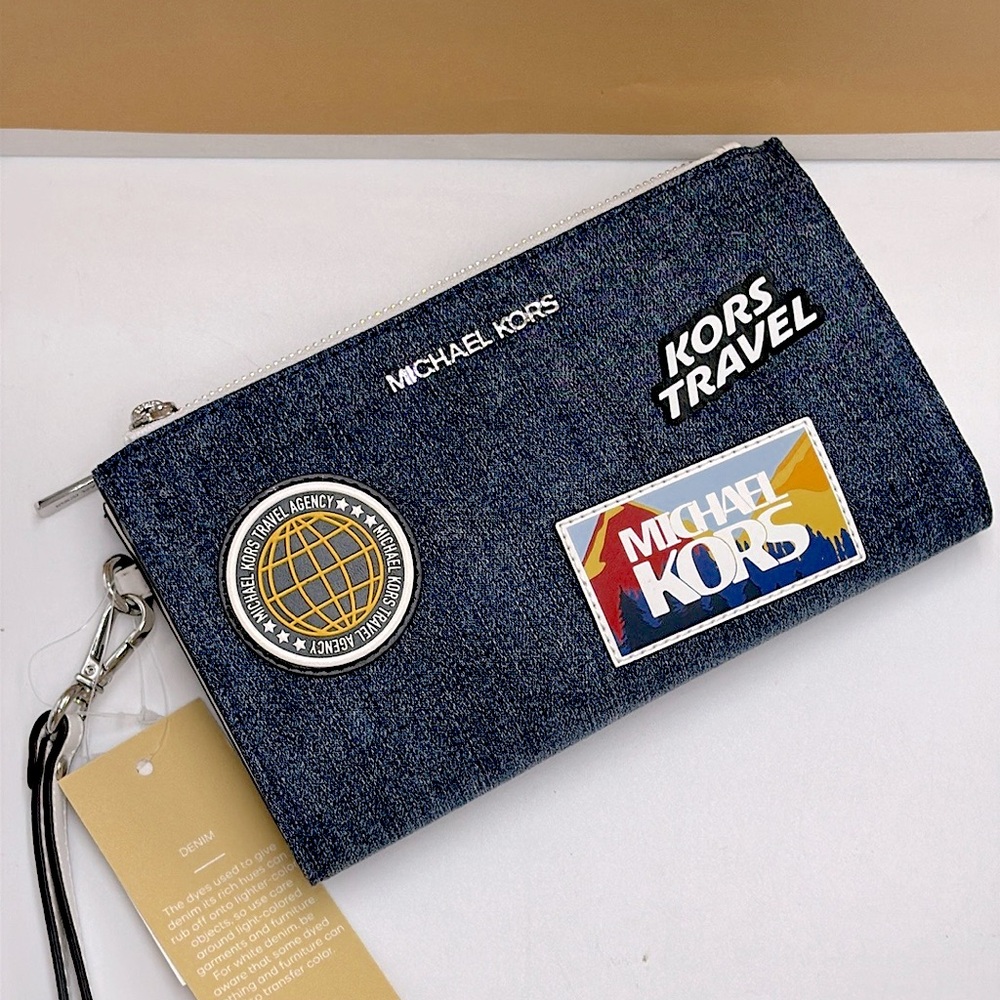 MICHAEL KORS Jet Set Travel Large Embellished Denim Wristlet COLOR DENIM - Picture 6 of 14